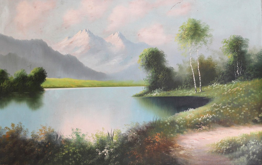 Antique original gouache painting landscape riverscape