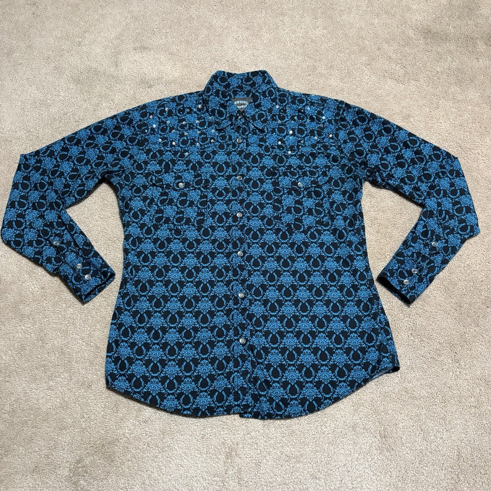 Cowgirl Hardware Western Shirt Women L Paisley  Teal Black Bedazzled Snap