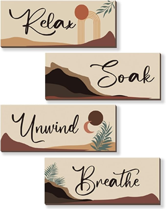 4 Pcs Boho Bathroom Decor with Relax Soak Unwind Breathe Relaxing Quotes Bohe...