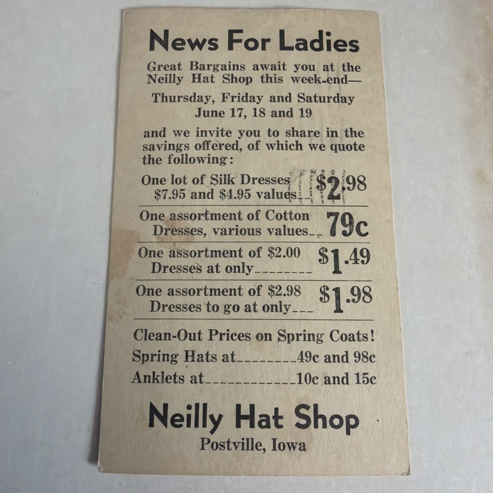 Neilly Hat Shop Ad Postcard News For Ladies Postville Iowa Monona 1937 Antique