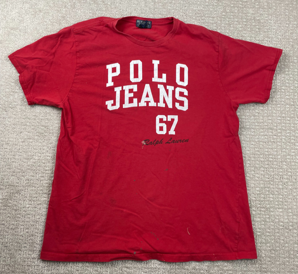 Vintage Polo Jeans Company T Shirt Mens L Red Spellout Logo RL67 Graphic Tee Y2K