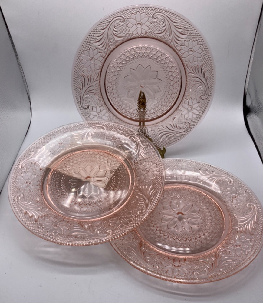 Vintage Indiana Glass Tiara Sandwich Pink Peach Luncheon Plate, 8 3/8”, Set of 3