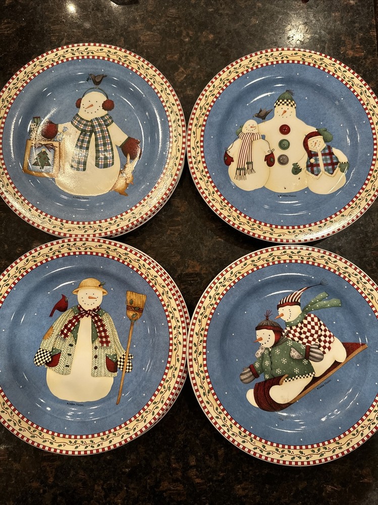 Vintage 2000 Jolly Snowmen Debbie Mumm Sakura  Set of 4 Luncheon Salad Plates