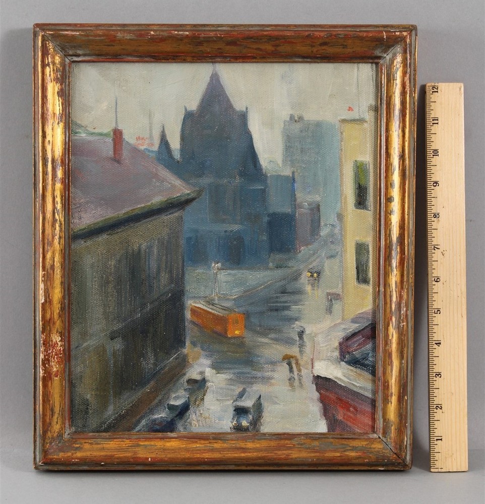 Antique Ashcan School Impressionist Atmospheric Rainy NYC Trolley Painting, NRSmall 10x12 O/B ... NO RESERVE!