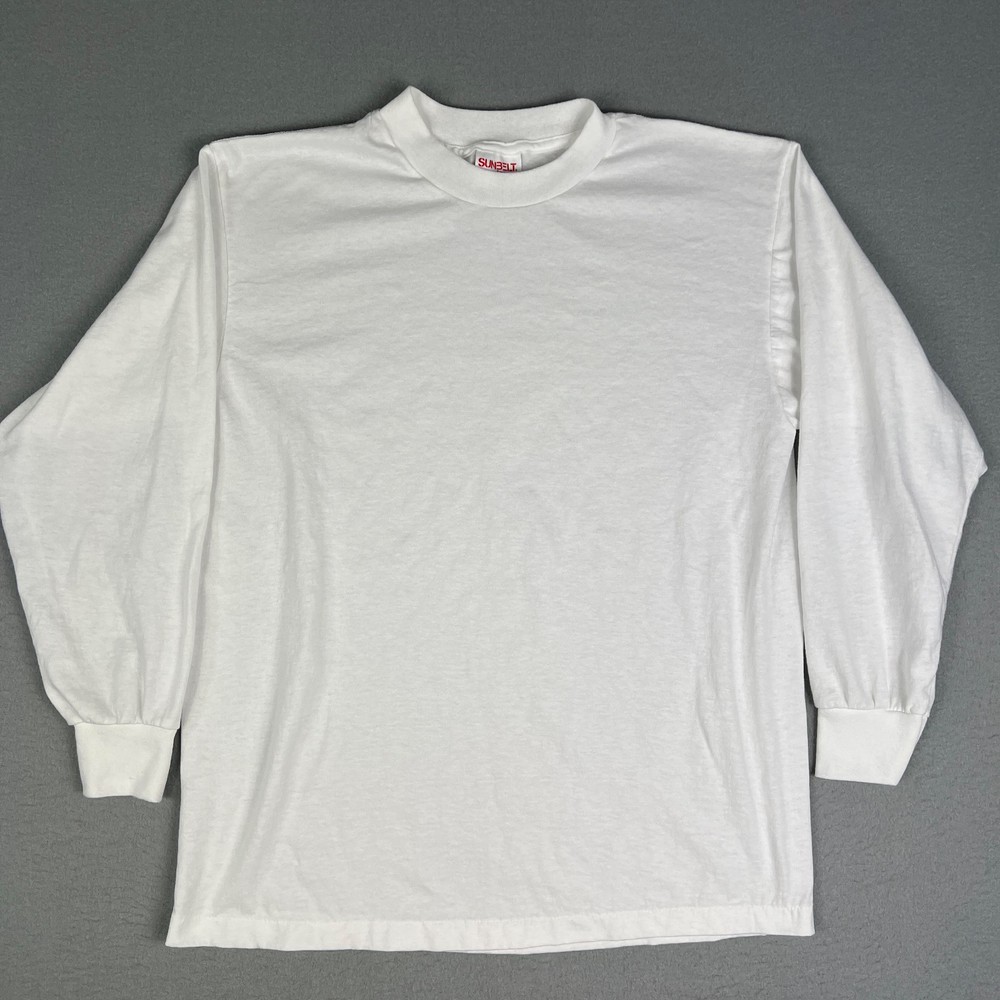 VTG Blank Plain White T Shirt Fits M Sunbelt Long Sleeve 80s Single Stitch USA