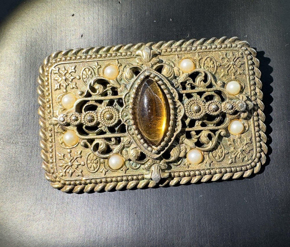 Vintage 1928 Filagree Faux Amber & Pearl Brooch/Pin