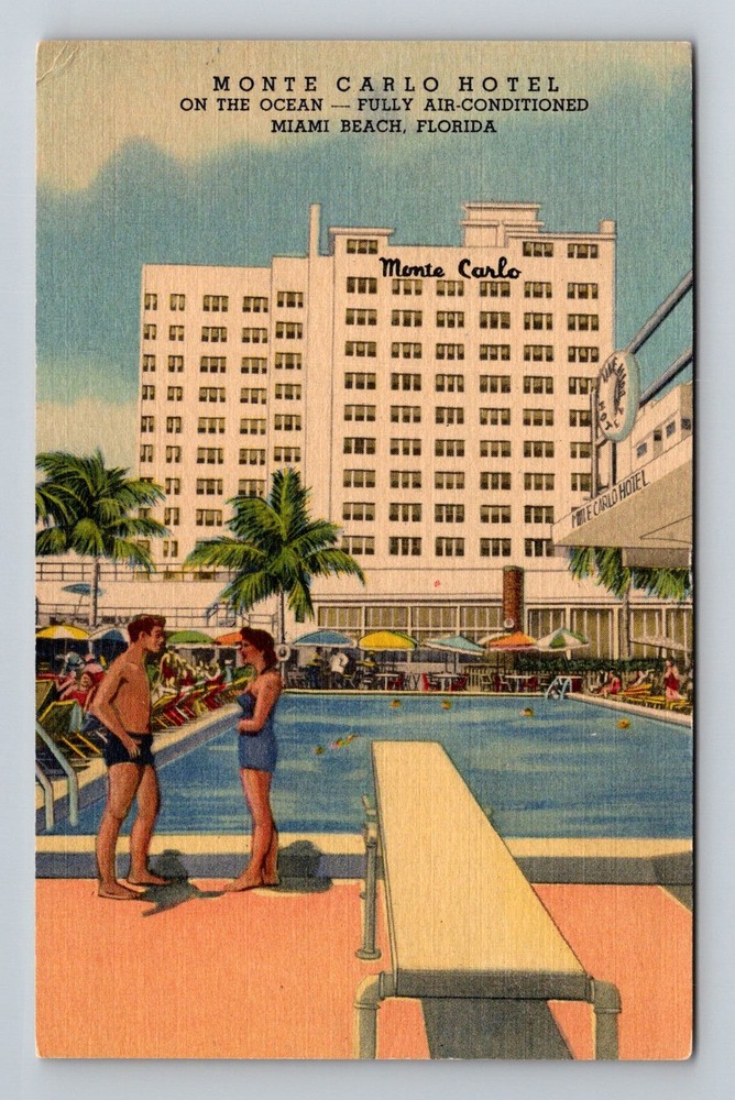 Miami Beach, FL-Florida, Monte Carlo Hotel Pool Cabana Club Vintage Postcard