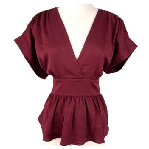 T6 Express Burgundy Satin Faux Wrap Peplum Top Short Sleeve Tie Waist Women's S