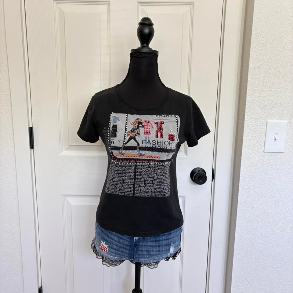 Y2K Rose von Vaddi Euro Style Rhinestone Graphic Baby Tee Abstract Print-image