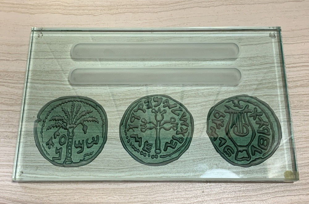 Paperweight Pen Holder with Embedded Coin Designs Heavy Clear Glass