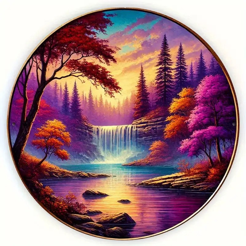 Vintage Waterfall Metal Wall Decor Autumn Landscape Sunset