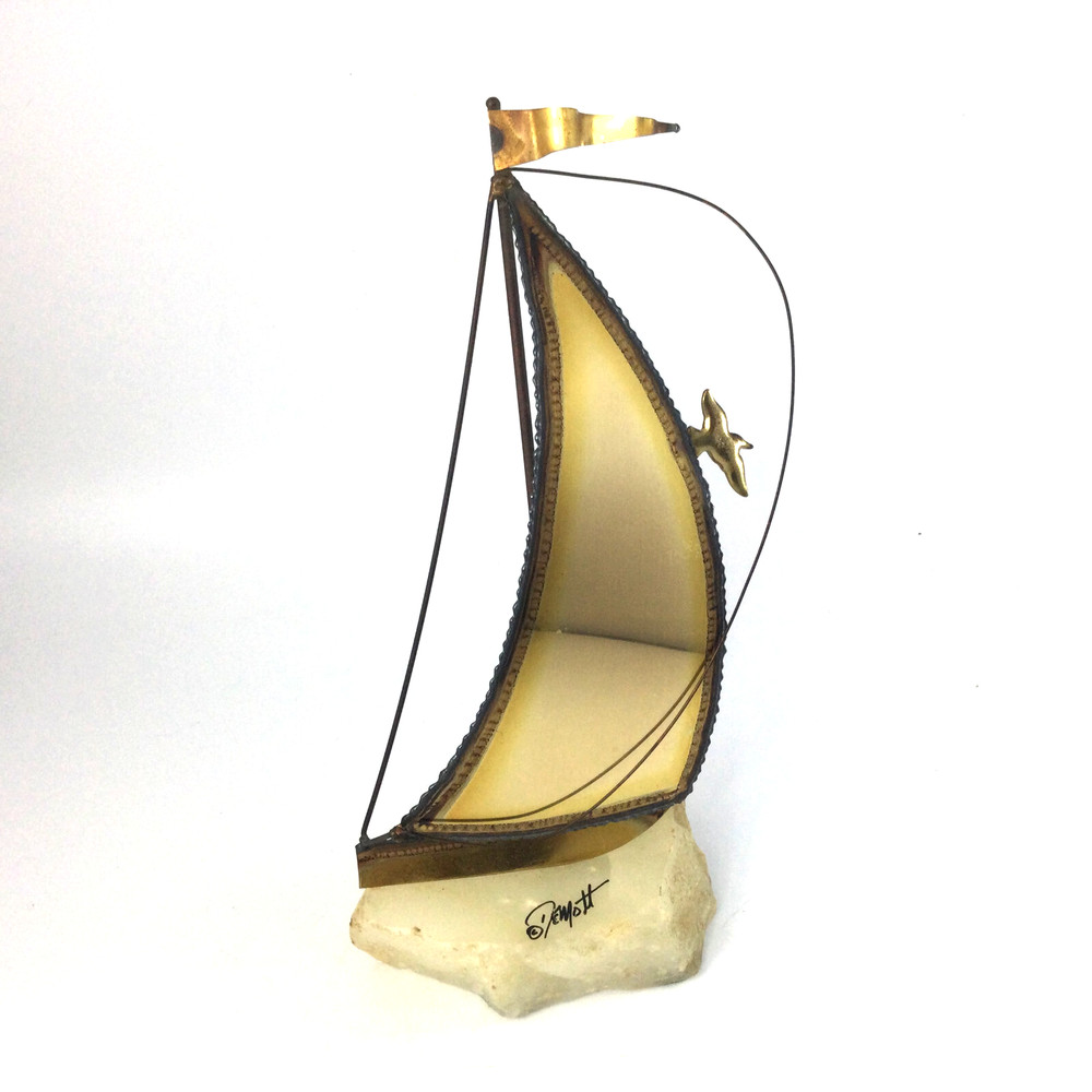 Vintage Brass Sailboat Sculpture Quartz Base Signed John DeMott 10