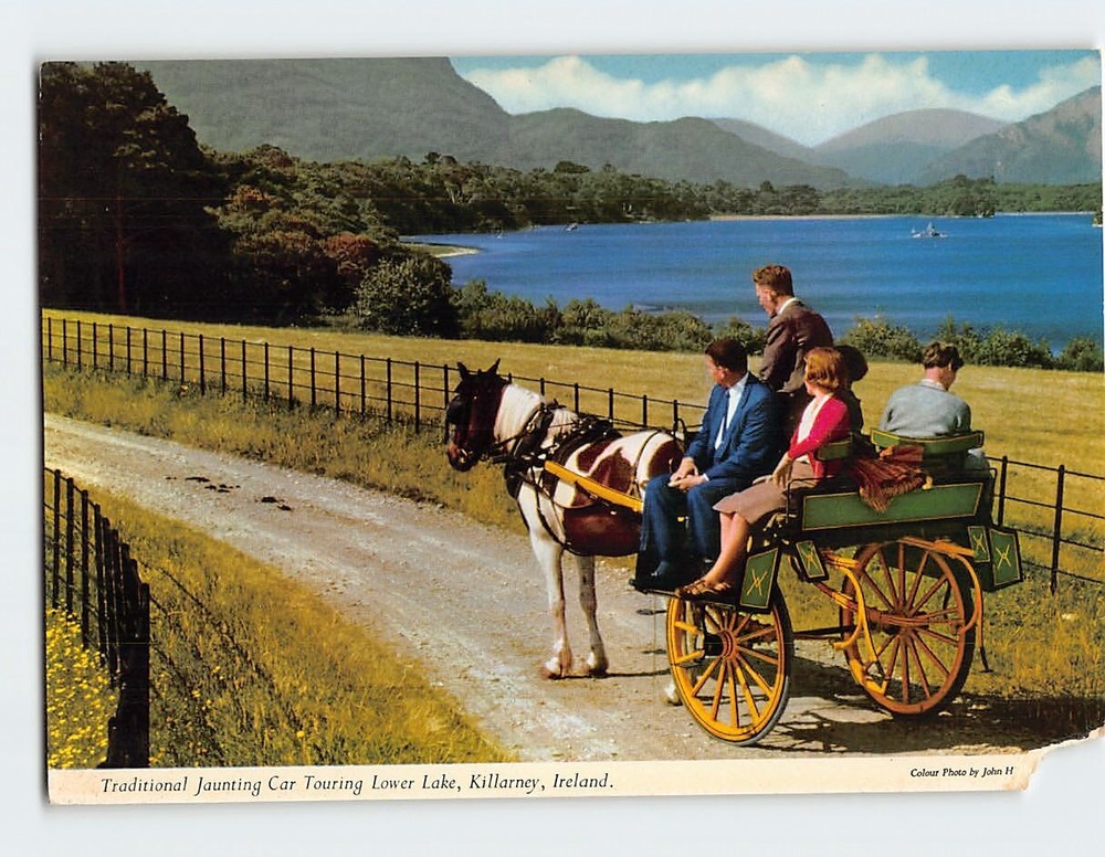 Postcard Traditional Jaunting Car Touring Lower Lake Killarney Ireland