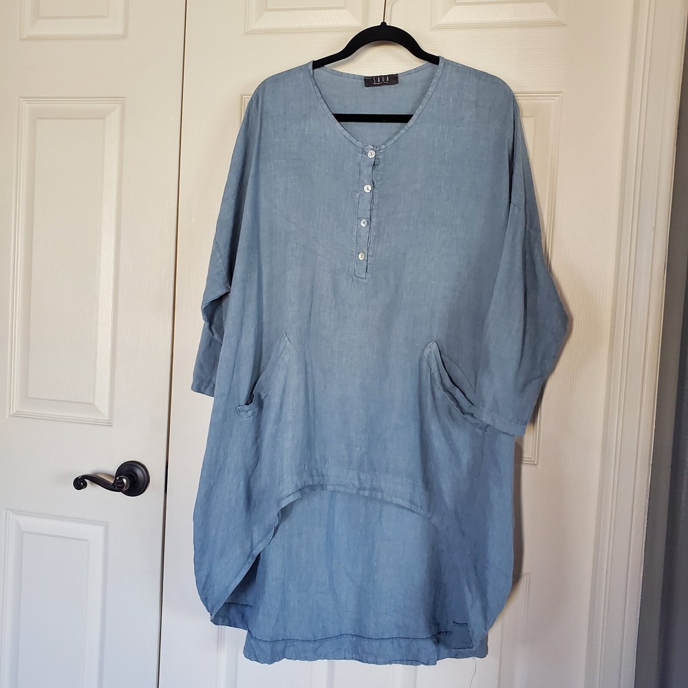 SAGA Made In Italy Button Front Deep Hem Tunic 3/4 Sleeves Linen Large Blue