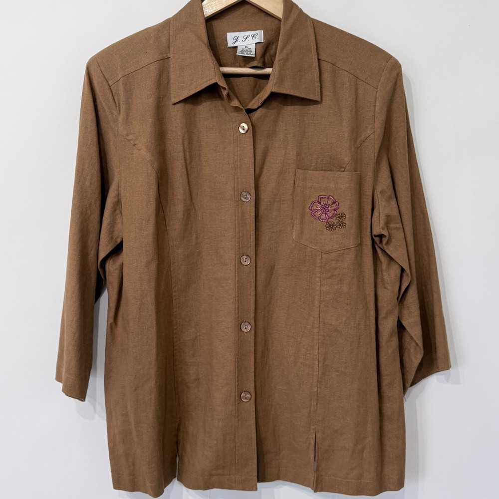 JPC Linen Blend Button Up Shirt Womens XL Camel Brown Embroidered Pocket
