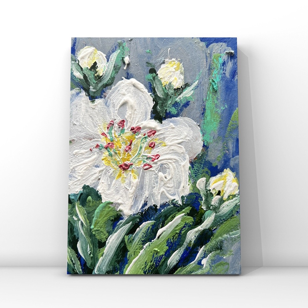 Original Floral Art Miniature Oil Painting with White Wildflowers