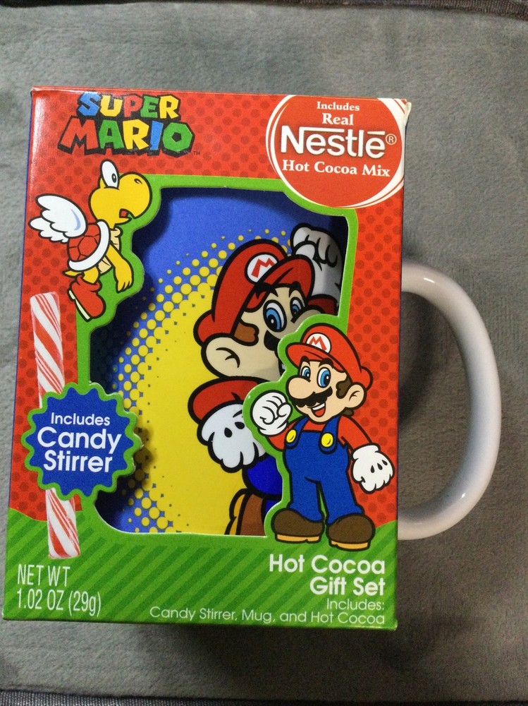 Super Mario Ceramic Coffee Mug With Hot Cocoa Mix & Candy Stir Stick ~Unopened~