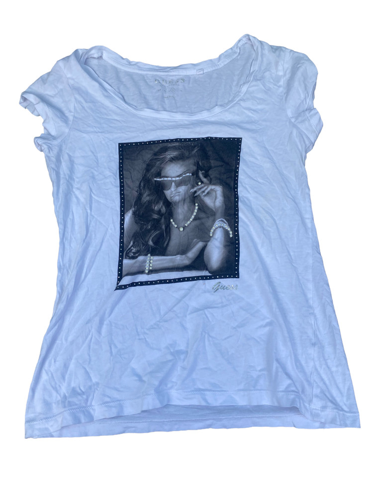 GUESS Women’s Graphic T-Shirt White Rhinestone Studded Fashion Tee Size Medium