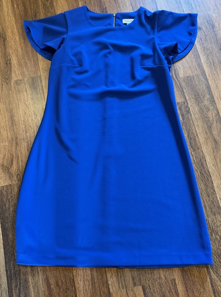 Calvin Klein Mini Dress Womens 12 Vibrant Blue Flutter Sleeve Crew Neck Elegant