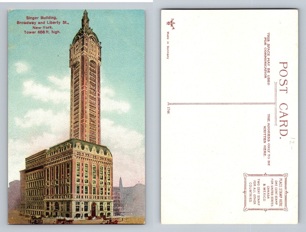 New York City NY, Singer Building Broadway & Liberty Street Vintage Postcard