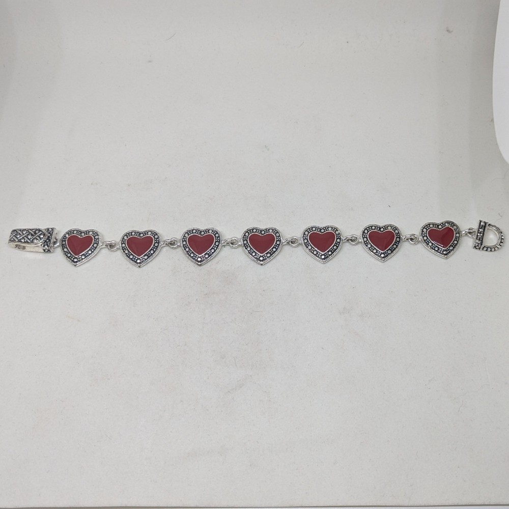 Vintage Silver Red Hearts Women's Bracelet
