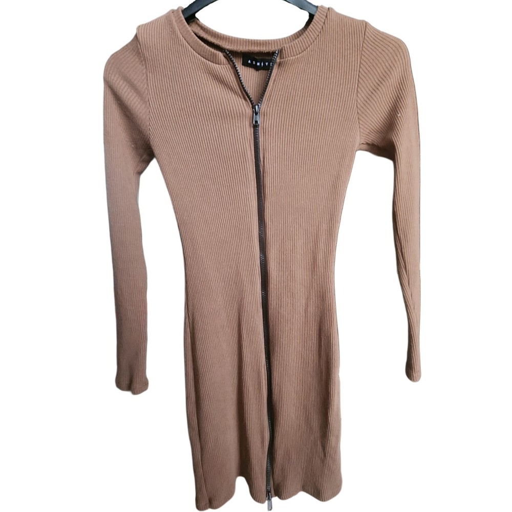 Ribbed Zip-Front Long Sleeve Dress – Size M