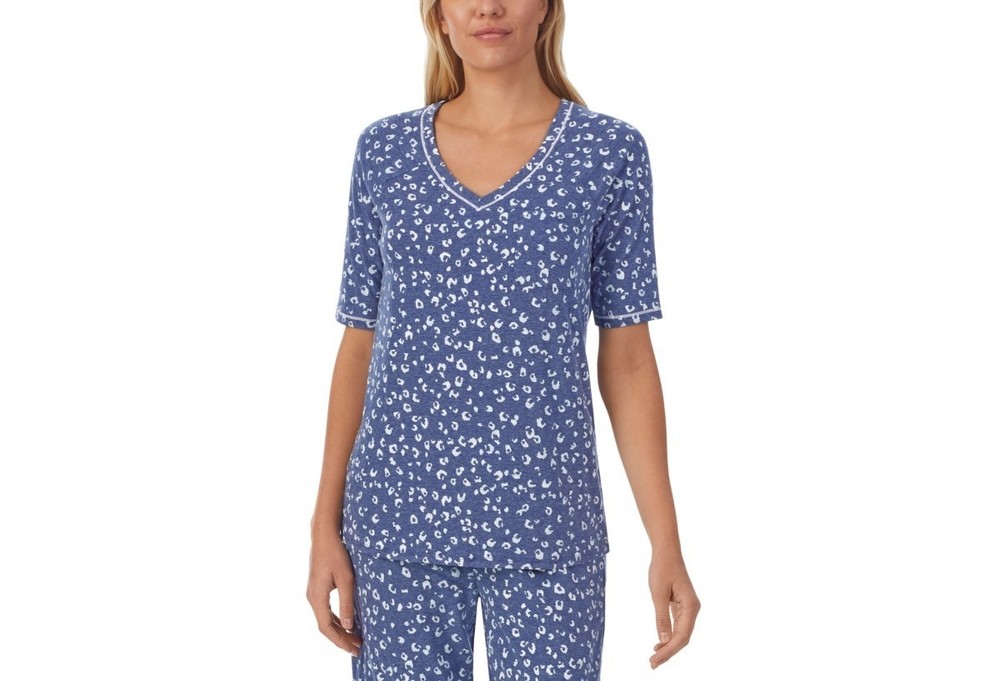 Cuddl Duds Printed Elbow-Sleeve Top Pajama Top Blue Size S 0848 (Just Top)
