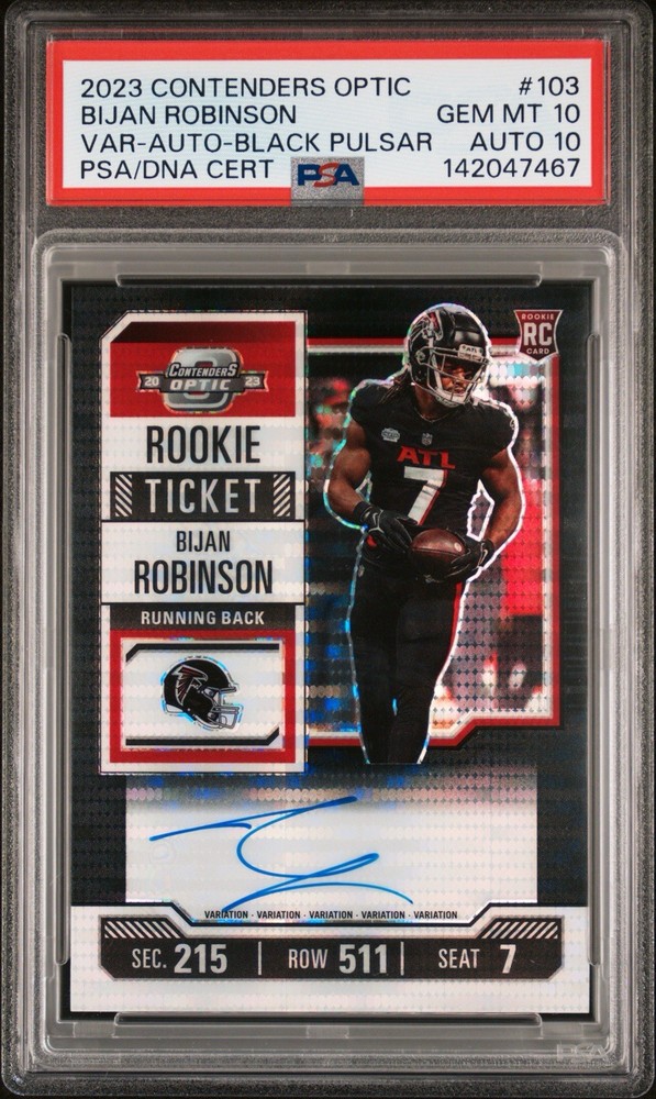 2023 Contenders Optic Bijan Robinson Black Pulsar 8/8 RC Ticket Auto PSA 10/10🔥