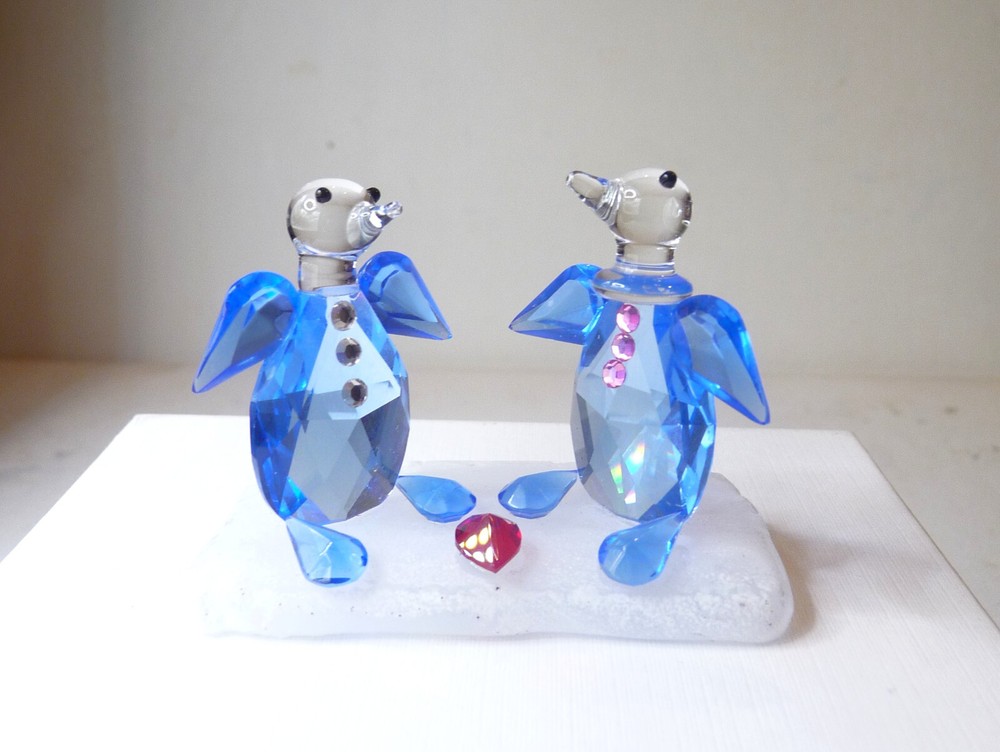 Rare Vintage Austrian Crystal Blue Penguins On Ice Float w/Box