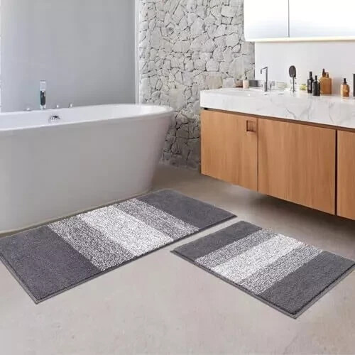 Luxury Soft Non-Slip Washable Bathroom Rug Set of 2 in Grey