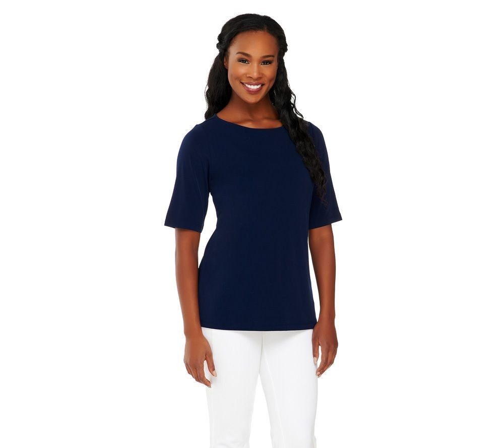 Susan Graver Women's Top Sz L Essentials Liquid Knit Bateau Neck Blue A213063