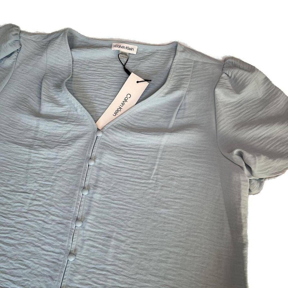Calvin Klein Womens XL Blue Textured Button Front Puff Sleeve V-Neck Blouse NWT