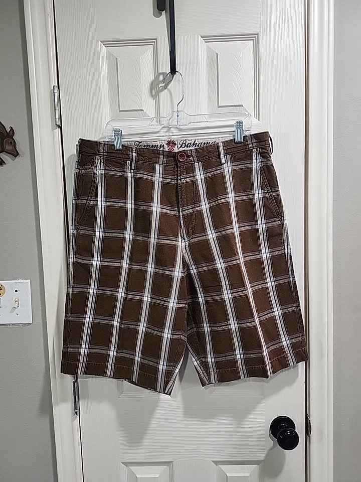 Tommy Bahama Paradise Nation Shorts Mens 36 Brown Plaid Linen Cotton Flat Front