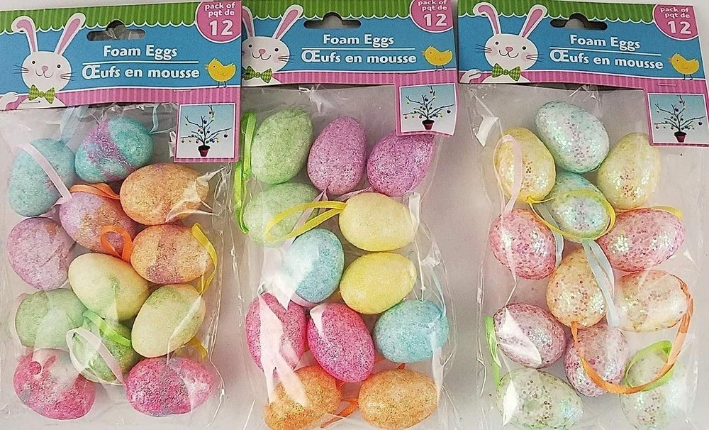 3pk Easter Egg Ornaments w Loops Multi-Color Glitter Mini-Eggs Foam 36pc