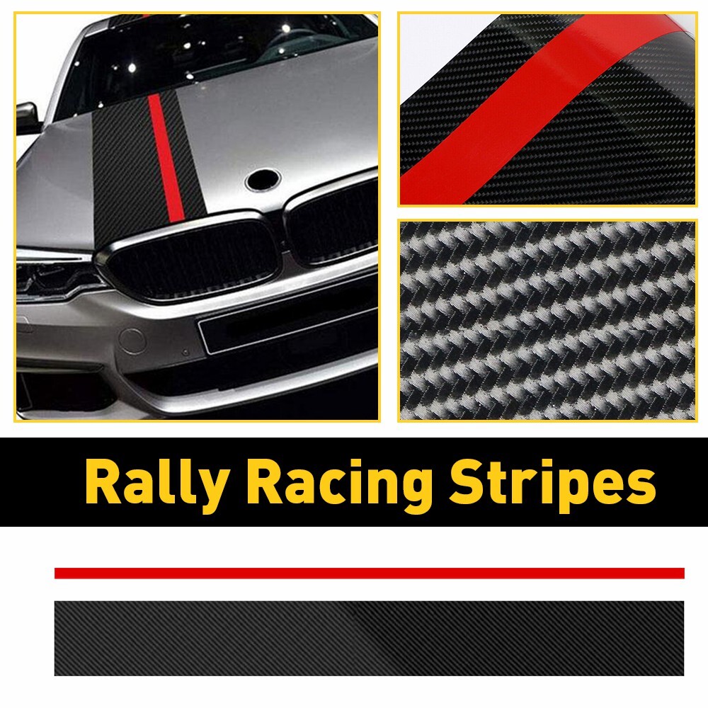 5D Carbon Fiber Red With Rally Racing Stripe Front Hood Decal Vinyl Wrap Sticker