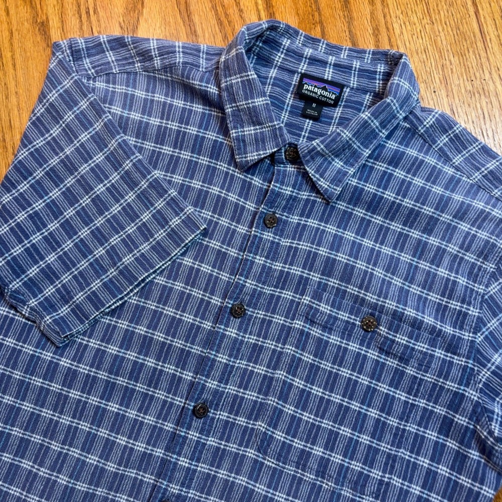 Patagonia A/C Shirt Mens M Blue Plaid Organic Cotton Short Sleeve Coconut Button