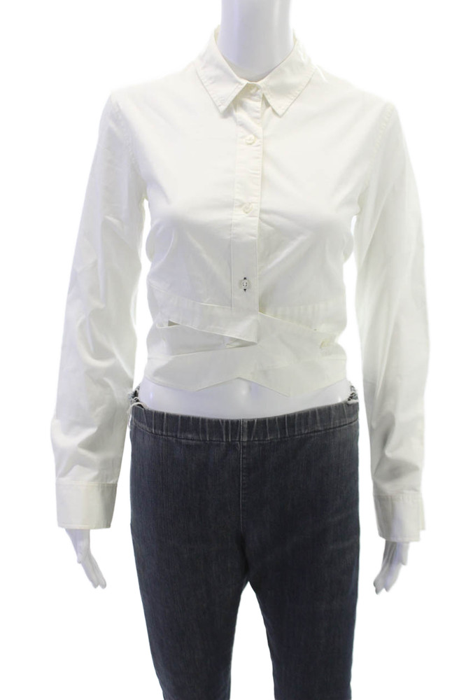 Jonathan Simkhai Women Cropped Collared Cotton Blouse White Long Sleeve Size SFree Shipping in US $100+ Orders | $6.95 Orders Below