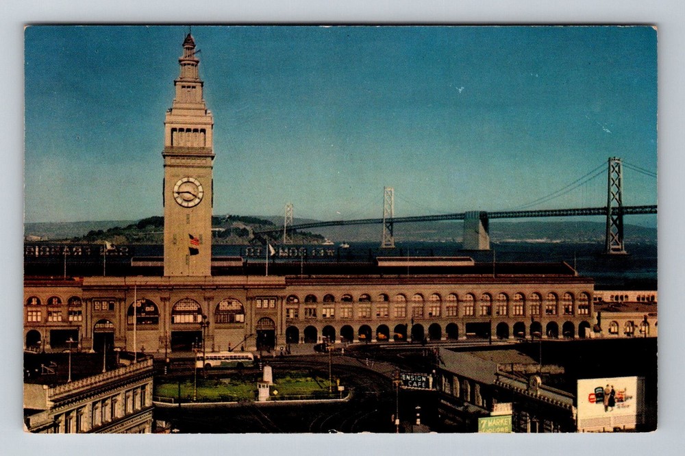 San Francisco, CA-California Ferry Building and Bay Bridge View Vintage Postcard