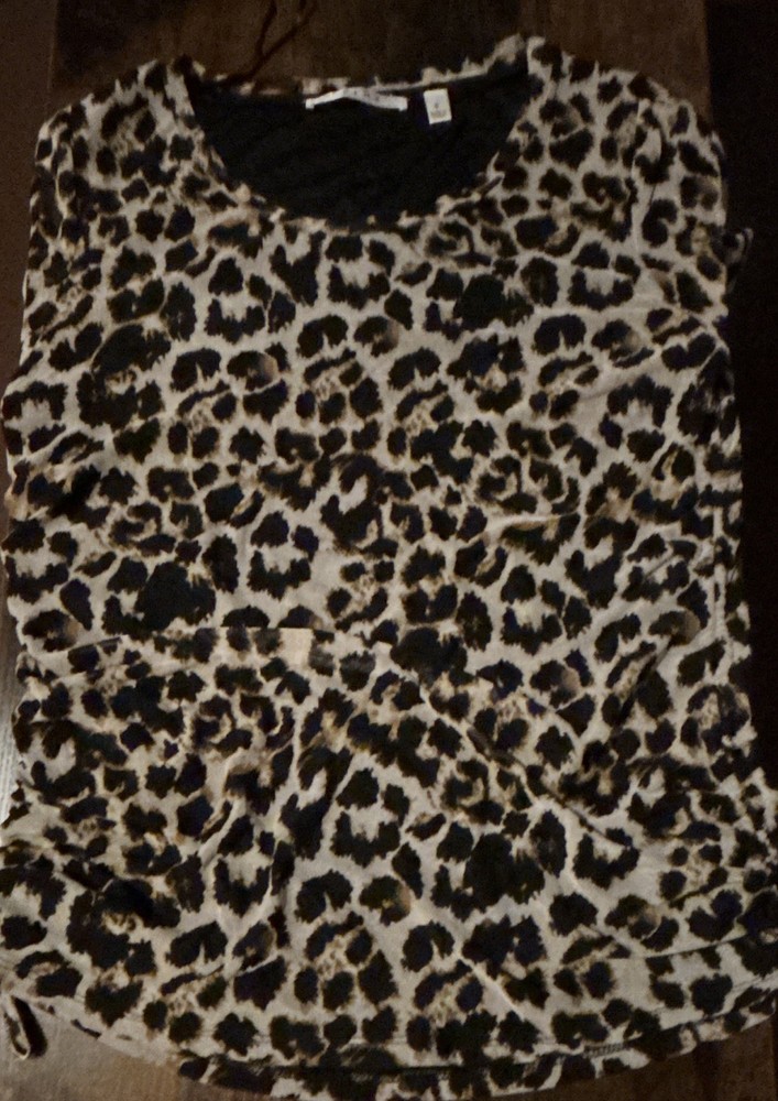 Cyrus Women’s Knit Top Round Neck Long Sleeve Leopard Ruched Drawstring S