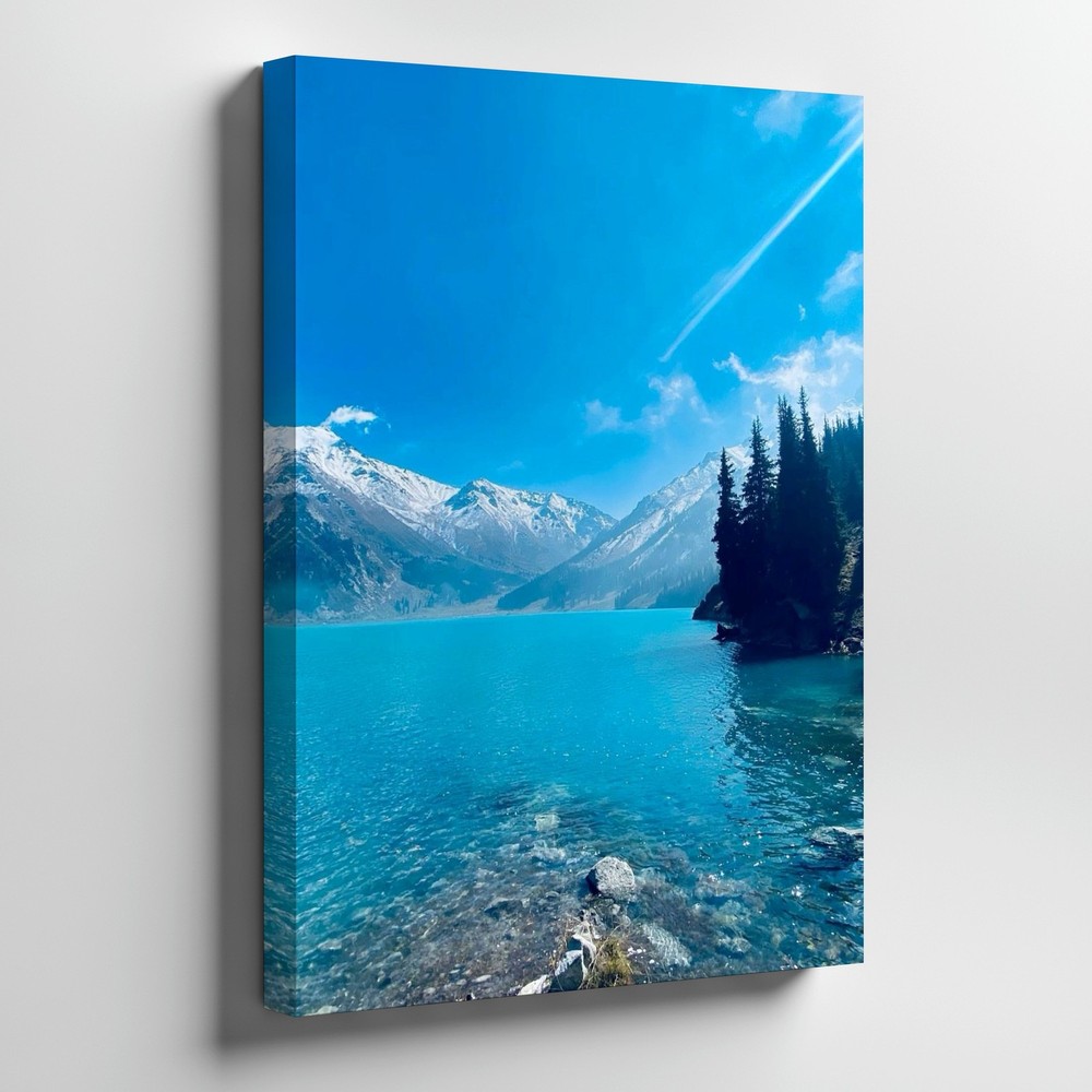 Mountain Lake Landscape Canvas Wall Art Snowy Peaks Pine Trees Nature Print