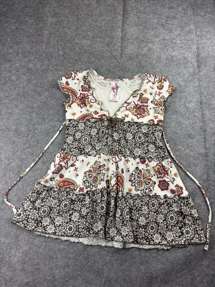 Vintage Knitworks Womens L Y2K Forest Fairy Babydoll Tie Top 2000s Floral Hippie