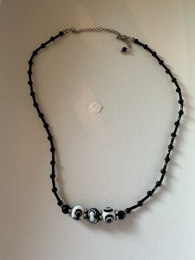 Vintage Black And White Glass Beaded Necklace 16-18”