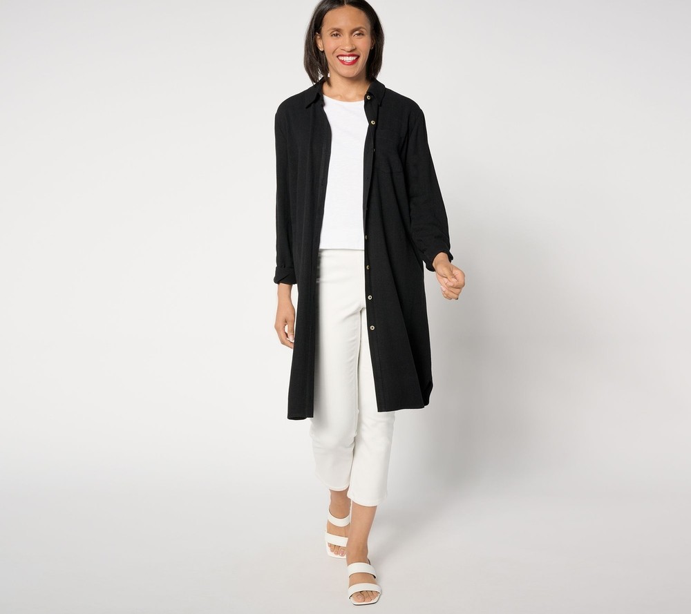 Susan Graver Women's Top Petite PS PURE Linen Blend Button Front Black A644497