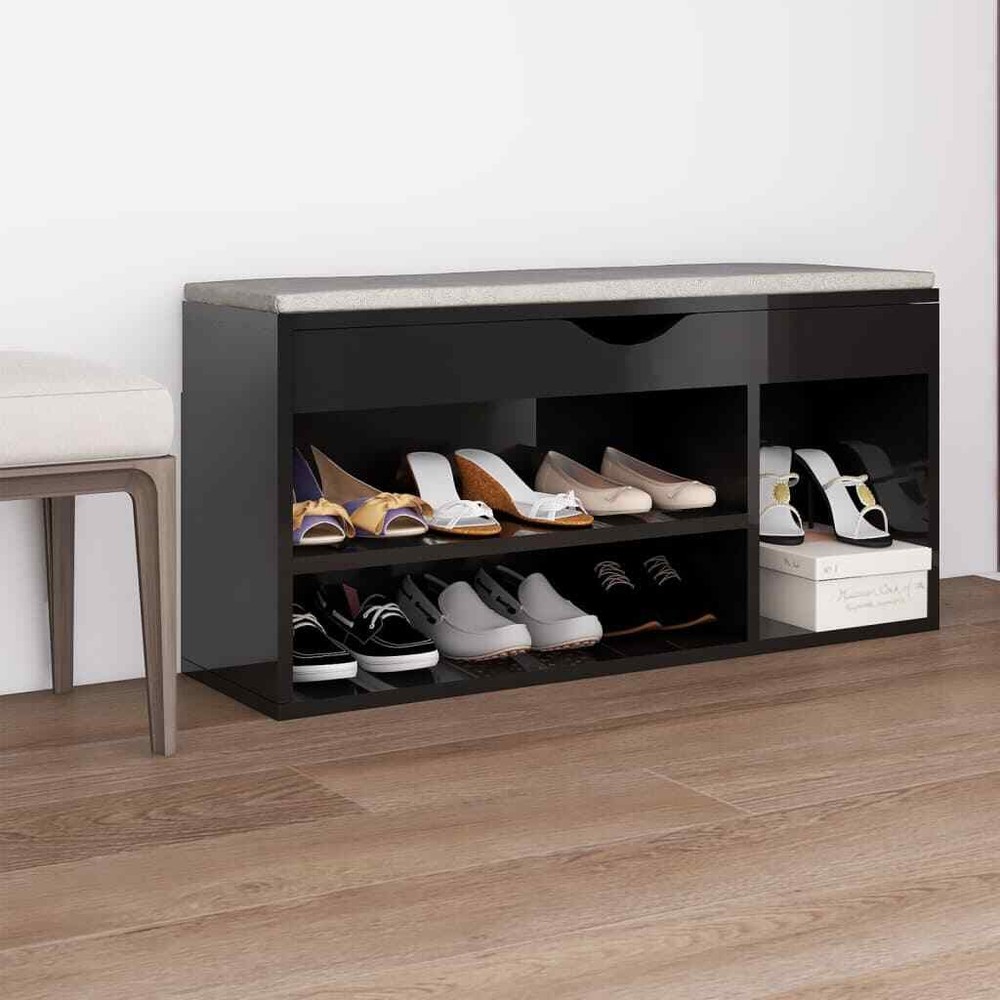NNEVL High-Gloss Black Shoe Bench with Cushioned Seat 104x30x49 cm