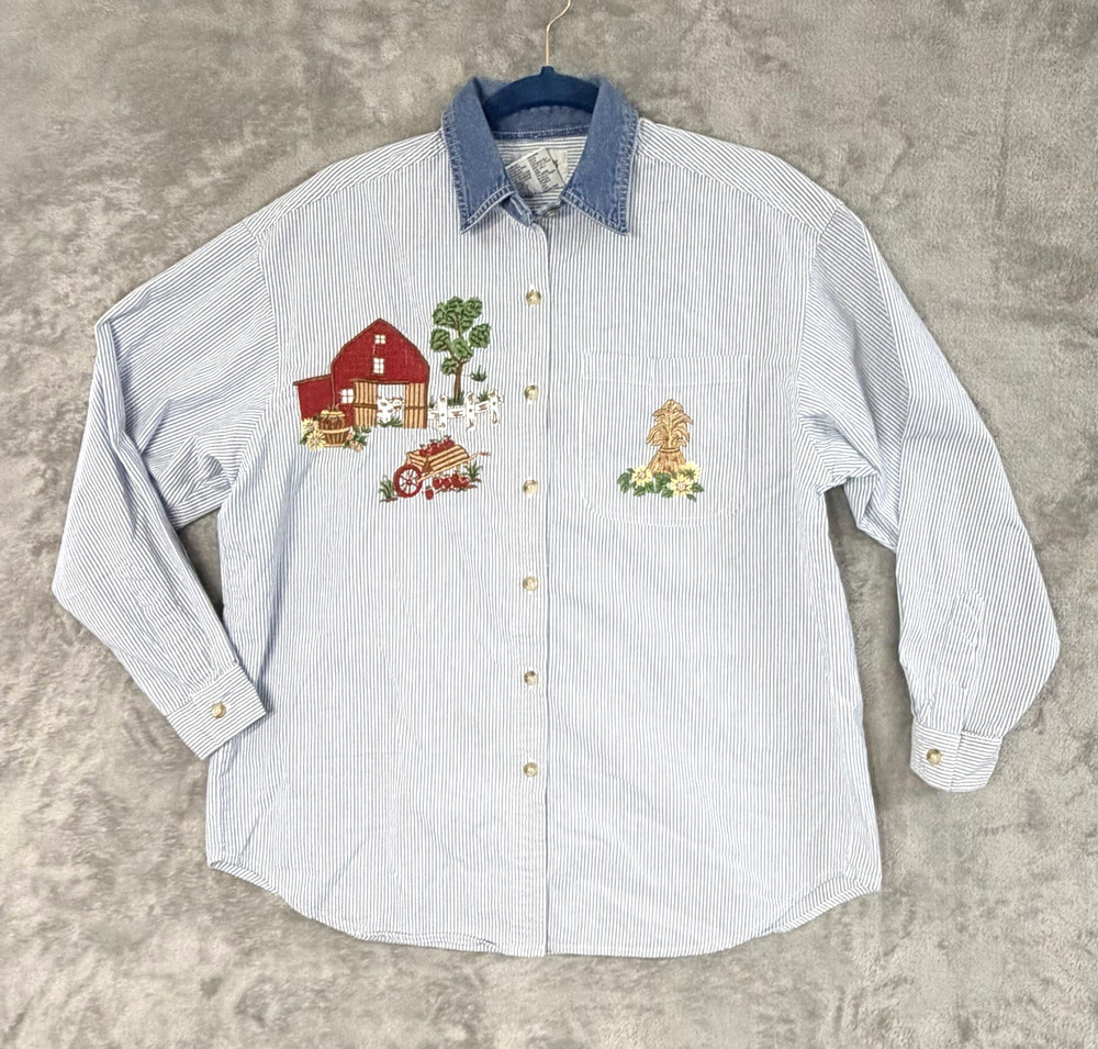 Vintage Cottagecore Embroidered Button Up Shirt Womens MEDIUM Farm Scene Striped