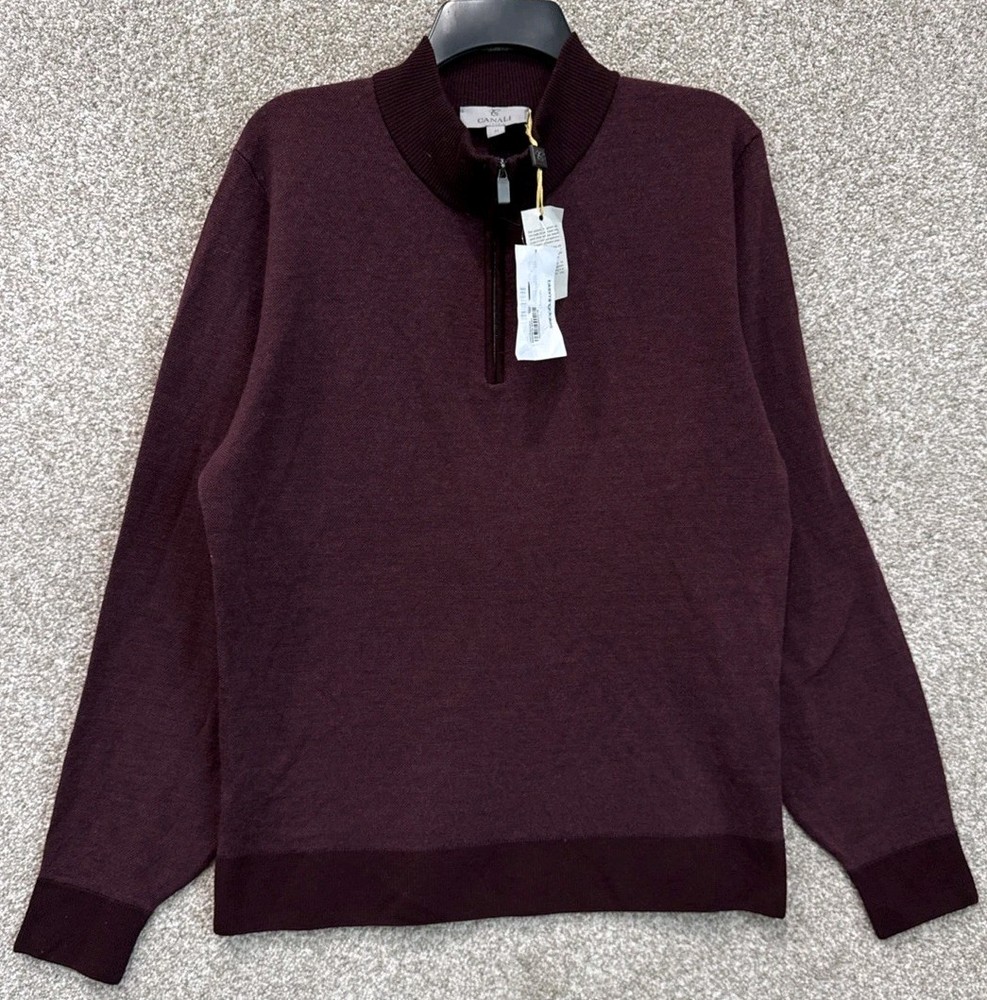 Canali Italy Mens Size 54 US 44 100% Wool Knit 1/4 Zip Pullover Sweater NEW NWT