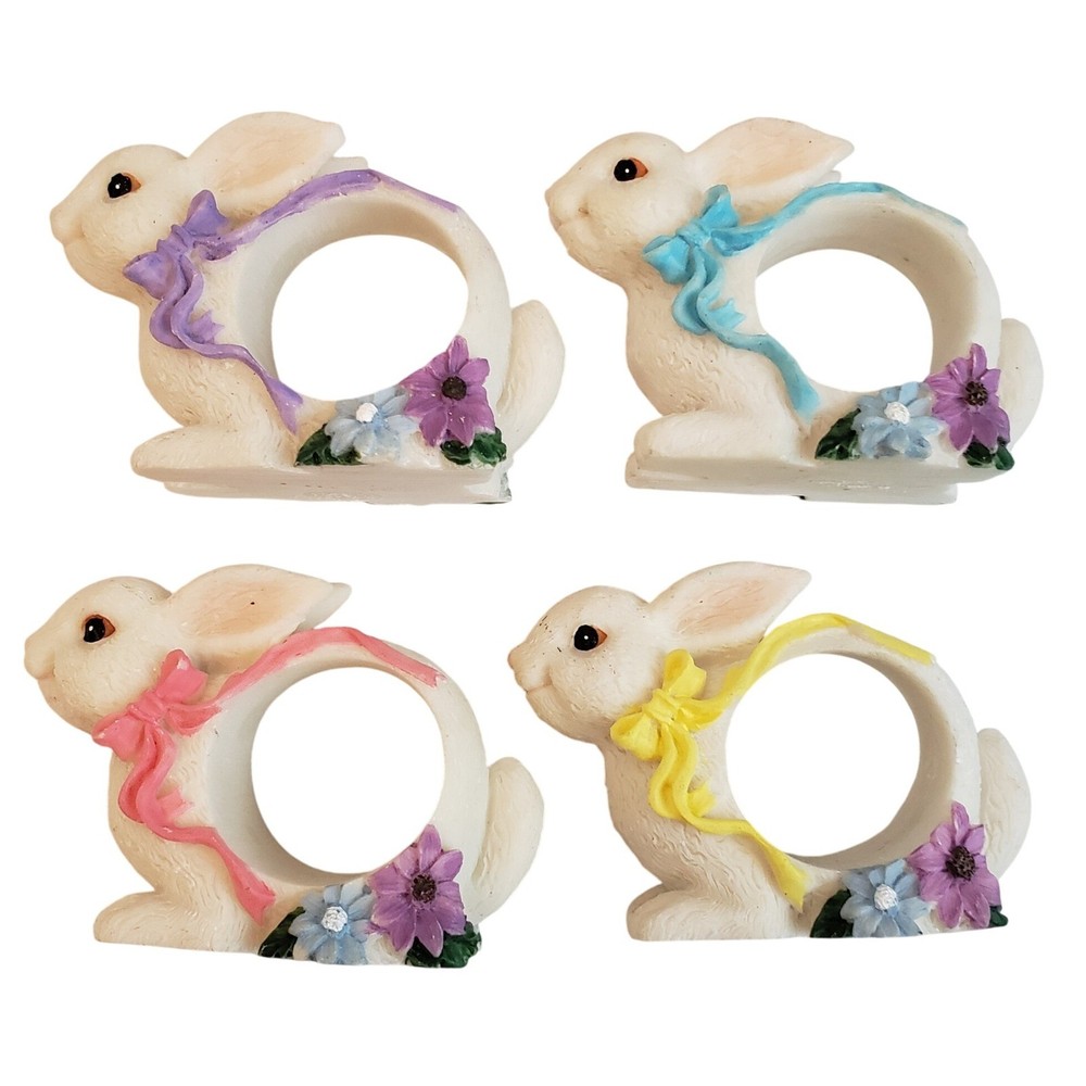 Set of 4 Bunny Napkin Rings Holders Flowers Ribbons Purple Blue Pink Yellow