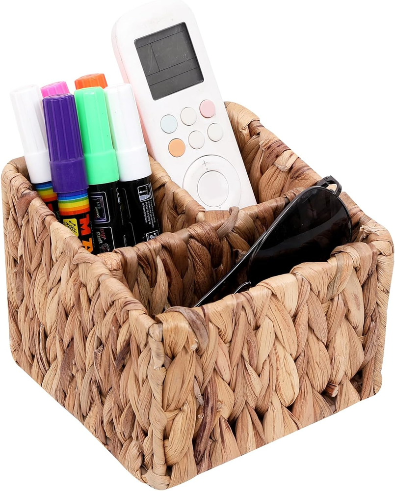 Remote Control Holder Wicker Desk Organizer Divided Storage Basket 3 Compartment