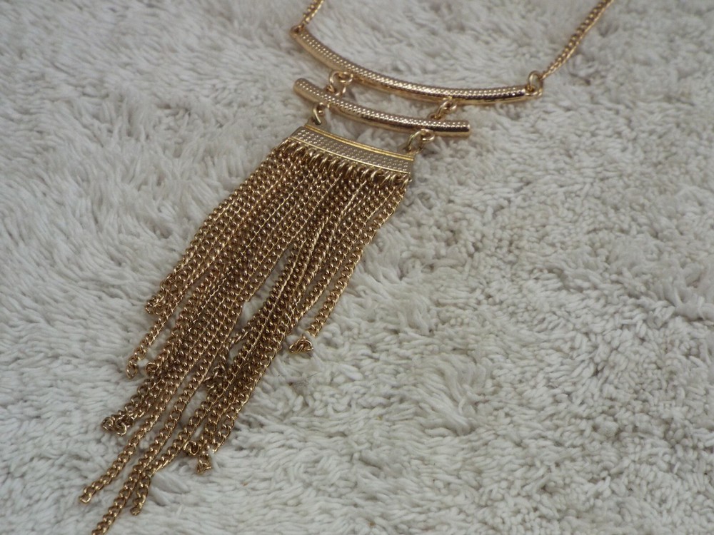 Goldtone Rhinestone Egyptian Revival Scoop Fringe Chain Necklace (D30)