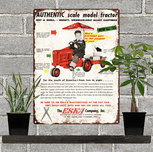 1955 ESKA Pedal Tractor Farmall Harvester Baked Metal Repro Sign 9 x 12 60112